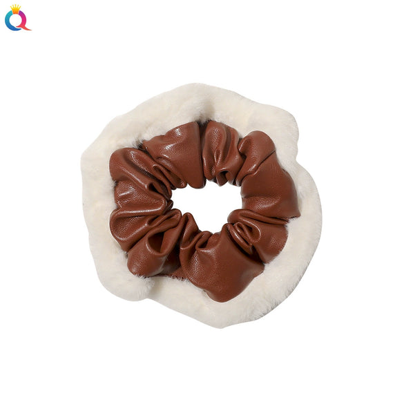Women's Plaid Velvet And Polyurethane Scrunchie With Plush Trim Handmade Ponytail Hair Tie Accessory