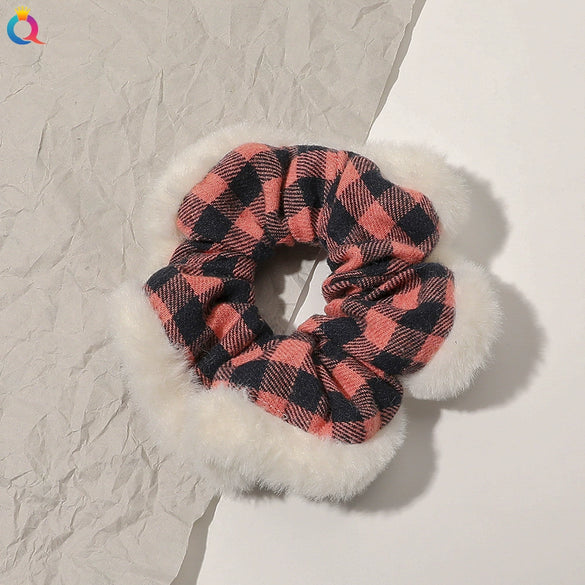 Women's Plaid Velvet And Polyurethane Scrunchie With Plush Trim Handmade Ponytail Hair Tie Accessory