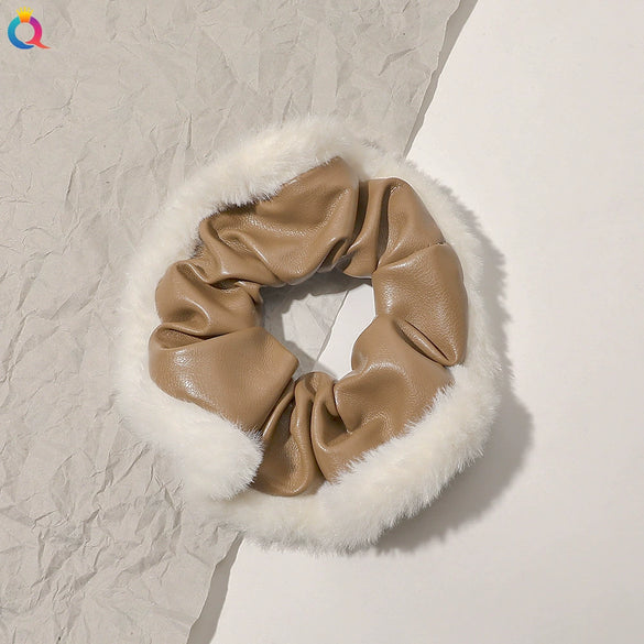 Women's Plaid Velvet And Polyurethane Scrunchie With Plush Trim Handmade Ponytail Hair Tie Accessory