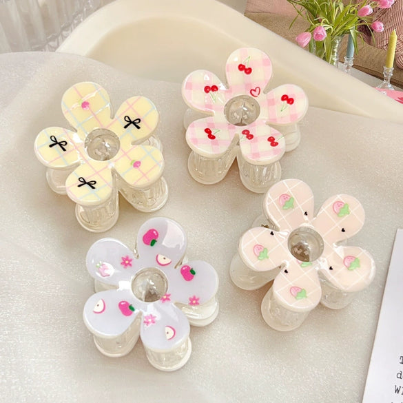 Women's Plastic Handmade Fresh Flower Hair Accessories Plaid Cherry Hairpin And Shark Clip