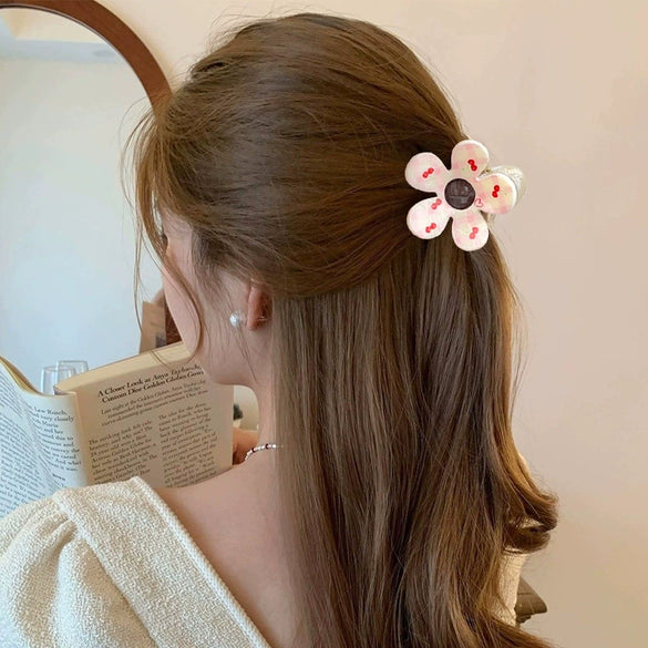 Women's Plastic Handmade Fresh Flower Hair Accessories Plaid Cherry Hairpin And Shark Clip