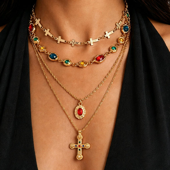 Women's Plated Alloy Cross Layered Clavicle Chain Necklace With Diamond Inspired Pendant Detail