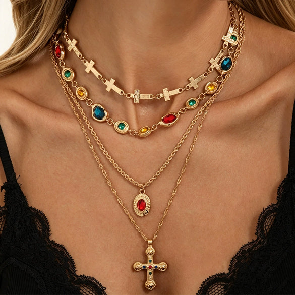 Women's Plated Alloy Cross Layered Clavicle Chain Necklace With Diamond Inspired Pendant Detail