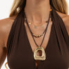 Women's Plated Alloy Geometric Hollow Square Pendant Necklace With Retro Brown Waxed Rope And Beaded Layered Design