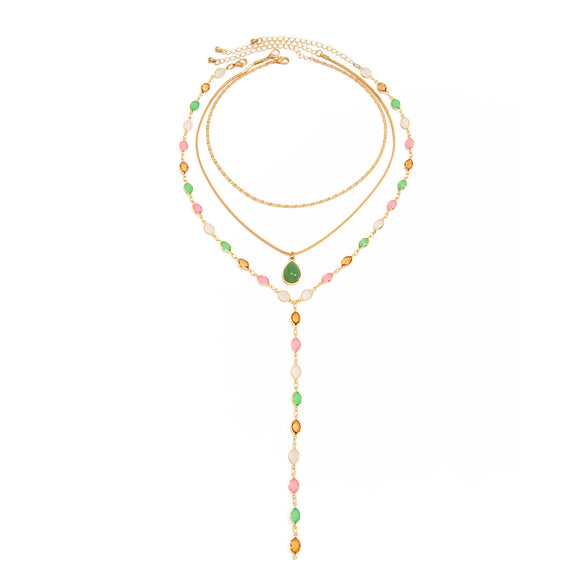Women's Plated Alloy Yshaped Necklace With Colorful Crystal Chain And Teardrop Gemstone Pendant Geometric Layered Jewelry