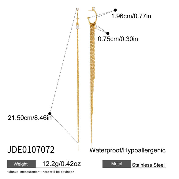 Women's Plated Stainless Steel Geometric Cshaped Stud Earrings With Sparkling Zirconia Pendant And Tassel Detail