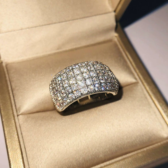 Women's Platinum Plated Brass And White Steel Geometric Zircon Ring With Full Diamond Style Gem Inlay Jewelry