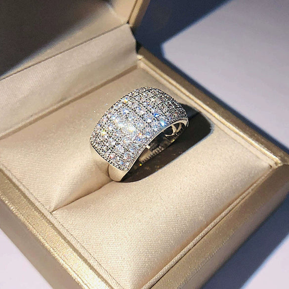 Women's Platinum Plated Brass And White Steel Geometric Zircon Ring With Full Diamond Style Gem Inlay Jewelry