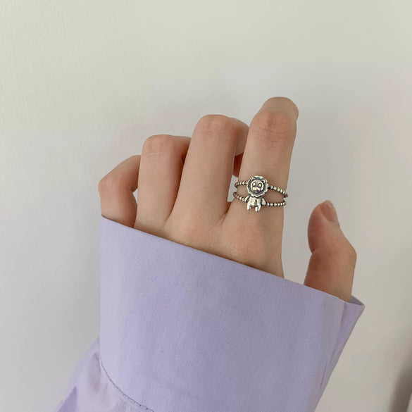 Women's Platinum Plated Sterling Silver Irregular Geometric Adjustable Ring With Crumpled Texture Simple Natural Style