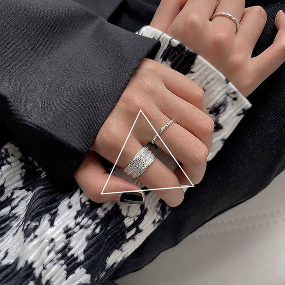 Women's Platinum Plated Sterling Silver Irregular Geometric Adjustable Ring With Crumpled Texture Simple Natural Style