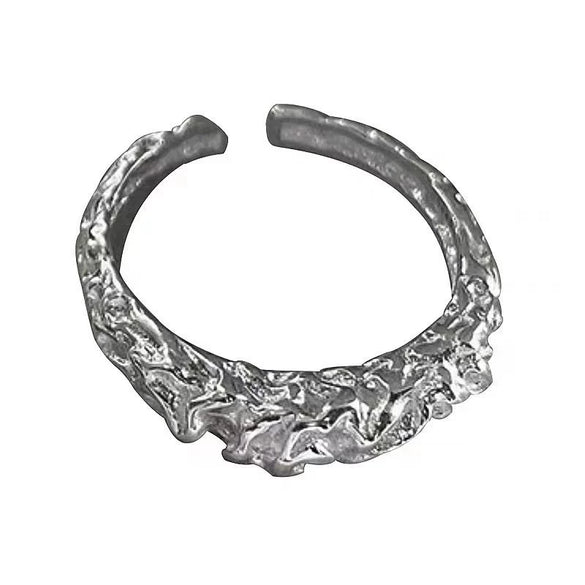 Women's Platinum Plated Sterling Silver Irregular Geometric Adjustable Ring With Crumpled Texture Simple Natural Style