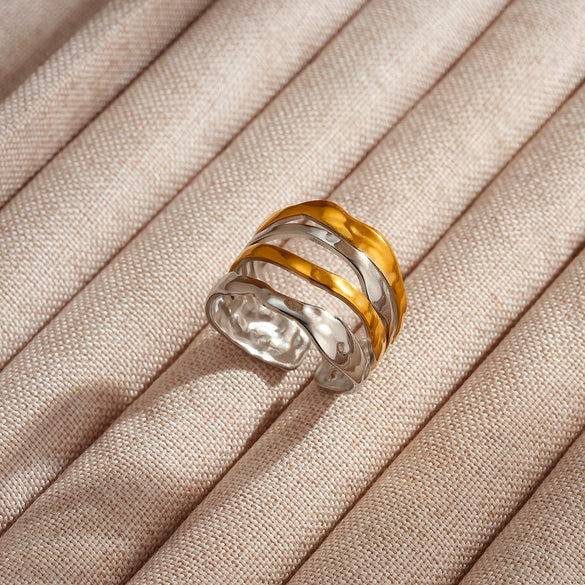 Women's Pleated Geometric Stainless Steel Adjustable Open Ring With 18K Vacuum Plated Finish Simple Light Luxury Accessory
