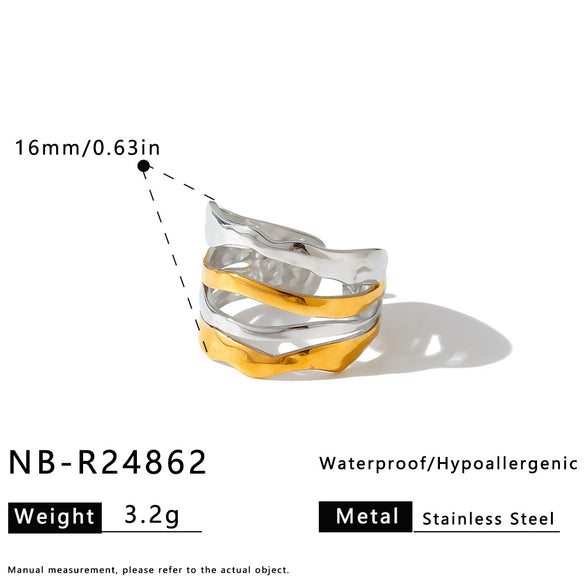 Women's Pleated Geometric Stainless Steel Adjustable Open Ring With 18K Vacuum Plated Finish Simple Light Luxury Accessory