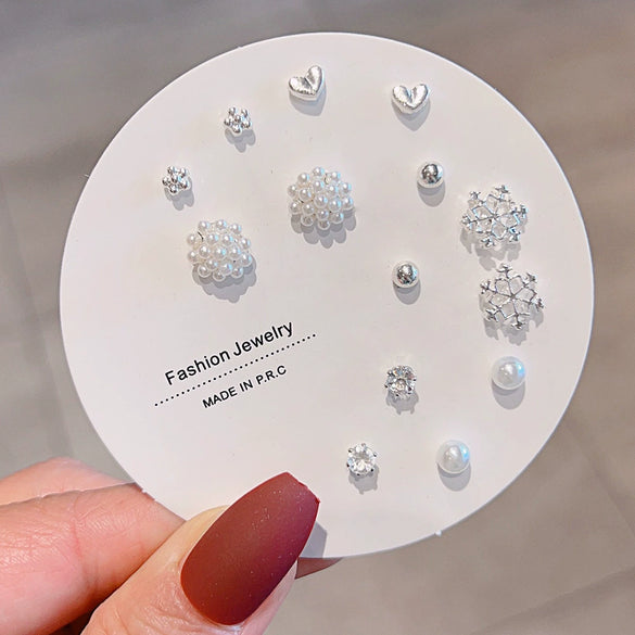 Women's Popular Oneweek Earrings Set Alloy Imitation Pearl Simple Dot Diamond Geometric Electroplated Design