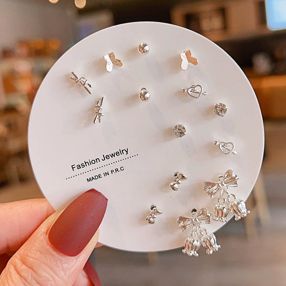 Women's Popular Oneweek Earrings Set Alloy Imitation Pearl Simple Dot Diamond Geometric Electroplated Design