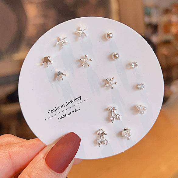 Women's Popular Oneweek Earrings Set Alloy Imitation Pearl Simple Dot Diamond Geometric Electroplated Design