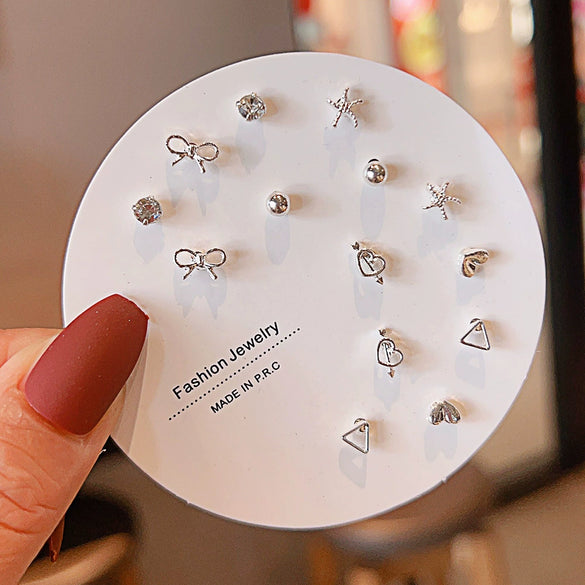 Women's Popular Oneweek Earrings Set Alloy Imitation Pearl Simple Dot Diamond Geometric Electroplated Design