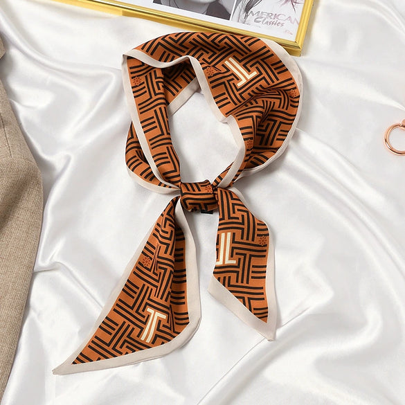 Women's Printed Polyester Silk Feel Streamer Scarf Thin Long Strip Hair Tie Elegant Versatile Hairband Suit Scarf