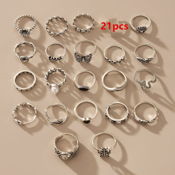 Women's Punk Dark Metal Butterfly Skull Hollow Geometric Face Ring Multipiece Set With Electroplating