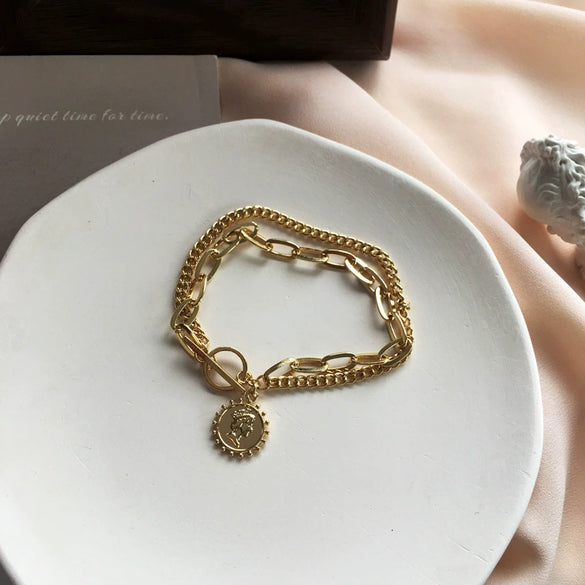 Women's Punk Fashion Alloy Bracelet With Metallic Texture Multi Layer Geometric Coin And Human Head Charms Electroplated Retro Style