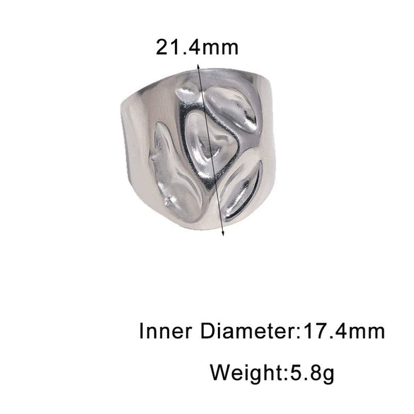 Women's Punk Open Wide Band Ring In Stainless Steel With Hammered Texture And Gold Electroplated Finish