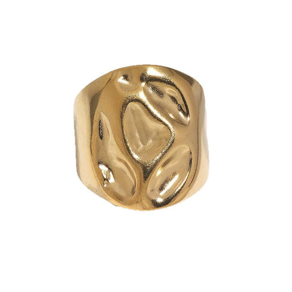 Women's Punk Open Wide Band Ring In Stainless Steel With Hammered Texture And Gold Electroplated Finish