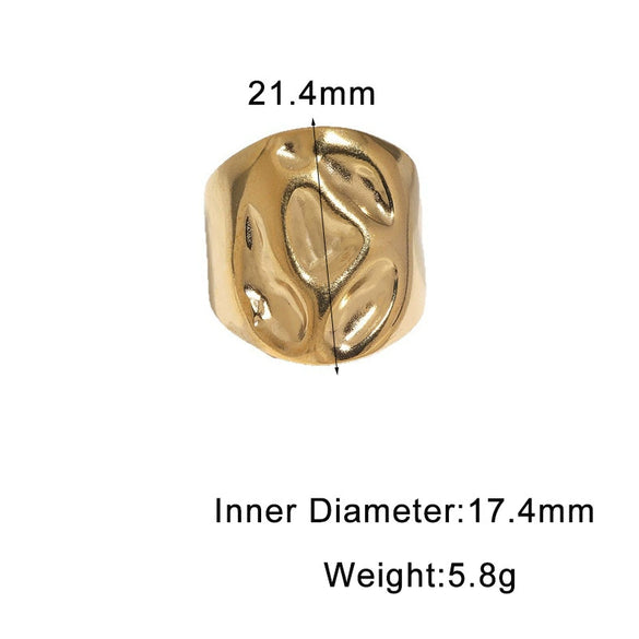 Women's Punk Open Wide Band Ring In Stainless Steel With Hammered Texture And Gold Electroplated Finish