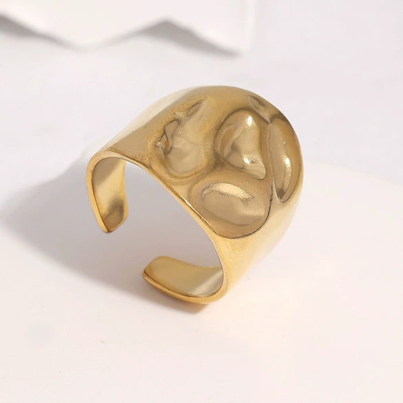 Women's Punk Open Wide Band Ring In Stainless Steel With Hammered Texture And Gold Electroplated Finish