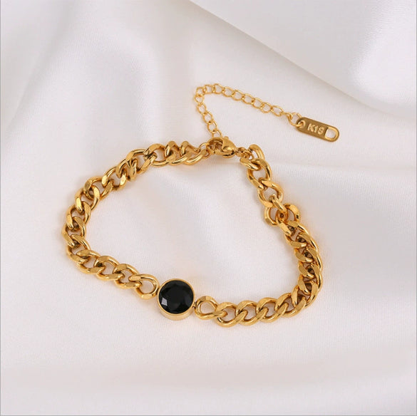 Women's Punk Retro Style Titanium Steel Round Faceted Black Diamond Connecting Chain Bracelet With Electroplating