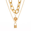 Women's Punk Style Thick Chain Lock Necklace With Microinlaid 3 Layer Lock Pendant Alloy Material Geometric Pattern Electroplating Treatment