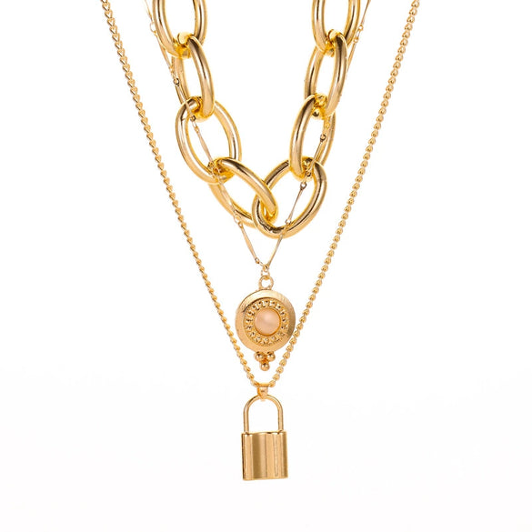 Women's Punk Style Thick Chain Lock Necklace With Microinlaid 3 Layer Lock Pendant Alloy Material Geometric Pattern Electroplating Treatment