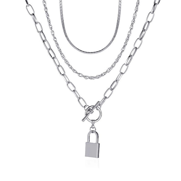 Women's Punk Style Thick Chain Lock Necklace With Microinlaid 3 Layer Lock Pendant Alloy Material Geometric Pattern Electroplating Treatment