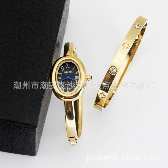Women's Quartz Bracelet Watch Set With Stainless Steel Strap And Buckle Oval Dial Medieval Style
