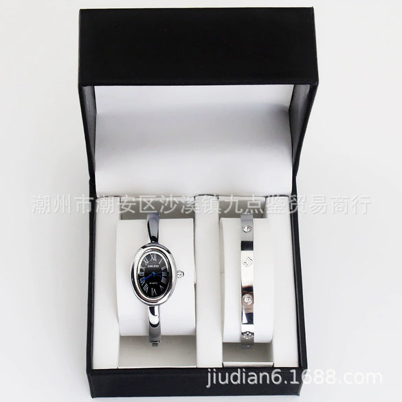Women's Quartz Bracelet Watch Set With Stainless Steel Strap And Buckle Oval Dial Medieval Style