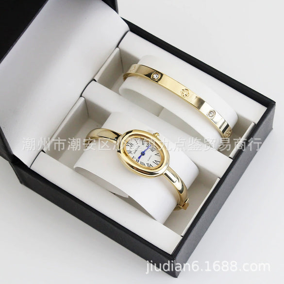 Women's Quartz Bracelet Watch Set With Stainless Steel Strap And Buckle Oval Dial Medieval Style