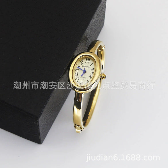Women's Quartz Bracelet Watch Set With Stainless Steel Strap And Buckle Oval Dial Medieval Style
