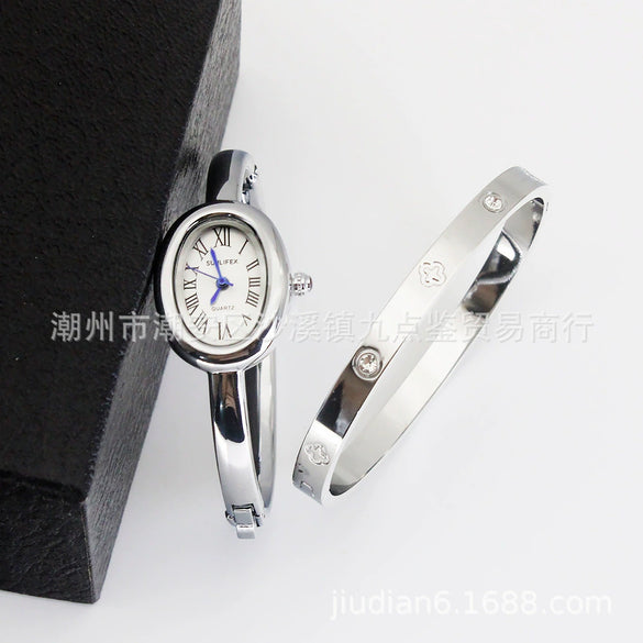 Women's Quartz Bracelet Watch Set With Stainless Steel Strap And Buckle Oval Dial Medieval Style