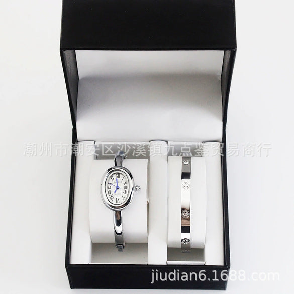 Women's Quartz Bracelet Watch Set With Stainless Steel Strap And Buckle Oval Dial Medieval Style
