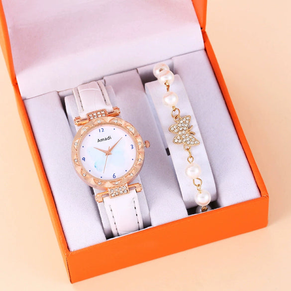 Women's Quartz Watch And Butterfly Bracelet Set With Alloy Case Imitation Leather Strap And Titanium Buckle In Leisure Style
