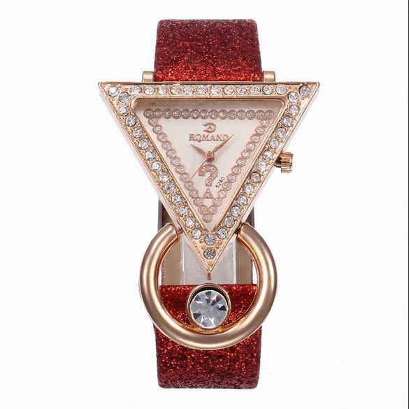 Women's Quartz Watch And Peacock Jewelry Set With Inverted Triangular Dial Diamond Inlay Frosted Imitation Leather Strap And Alloy Case