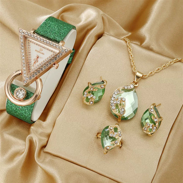 Women's Quartz Watch And Peacock Jewelry Set With Inverted Triangular Dial Diamond Inlay Frosted Imitation Leather Strap And Alloy Case