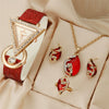 Women's Quartz Watch And Peacock Jewelry Set With Inverted Triangular Dial Diamond Inlay Frosted Imitation Leather Strap And Alloy Case