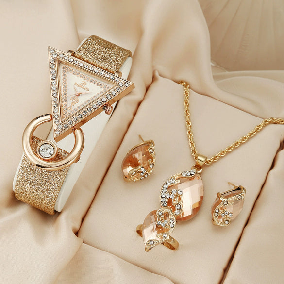 Women's Quartz Watch And Peacock Jewelry Set With Inverted Triangular Dial Diamond Inlay Frosted Imitation Leather Strap And Alloy Case