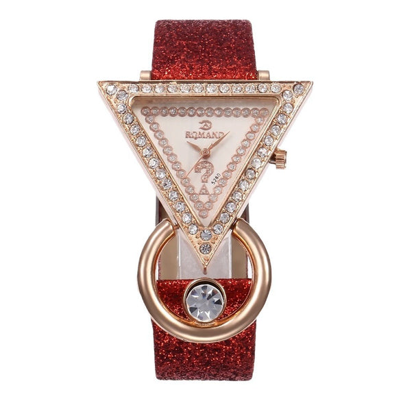 Women's Quartz Watch And Peacock Jewelry Set With Inverted Triangular Dial Diamond Inlay Frosted Imitation Leather Strap And Alloy Case
