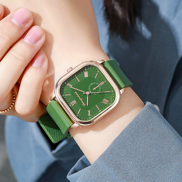 Women's Quartz Watch Midcentury Style Alloy Case Silicone Strap Square Dial