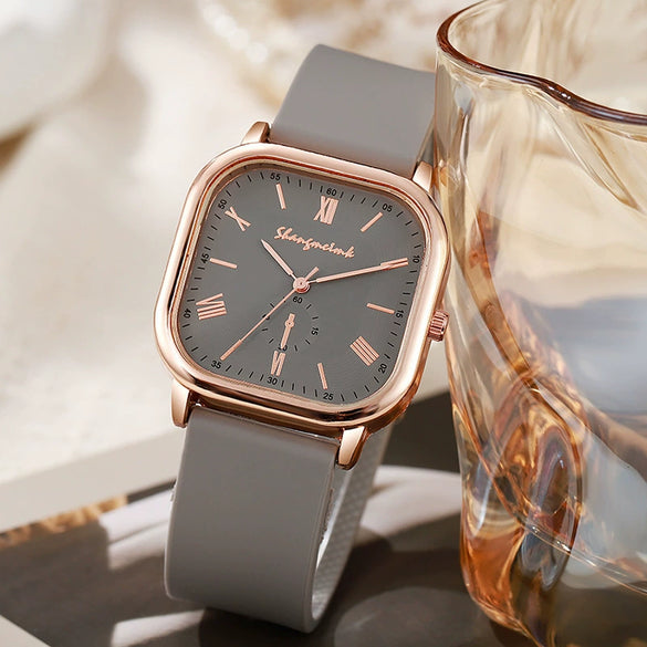 Women's Quartz Watch Midcentury Style Alloy Case Silicone Strap Square Dial