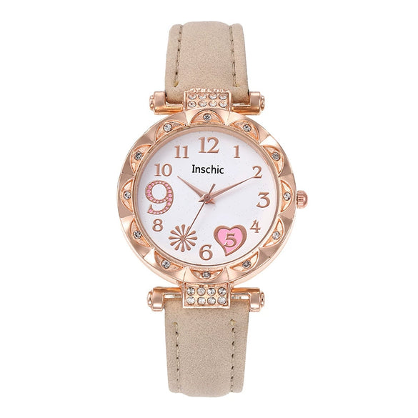 Women's Quartz Watch With Heart Dial And Round Shape Alloy Case Imitation Leather Strap Stainless Steel Buckle Casual Style