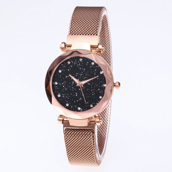 Women's Quartz Watch With Magnet Buckle Alloy Strap And Case Titanium Buckle Round Dial Leisure Style Starry Sky Design