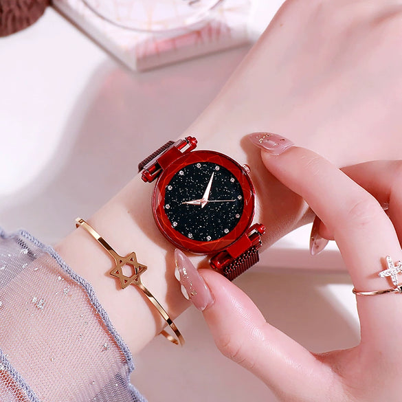 Women's Quartz Watch With Magnet Buckle Alloy Strap And Case Titanium Buckle Round Dial Leisure Style Starry Sky Design