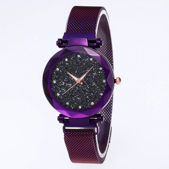 Women's Quartz Watch With Magnet Buckle Alloy Strap And Case Titanium Buckle Round Dial Leisure Style Starry Sky Design